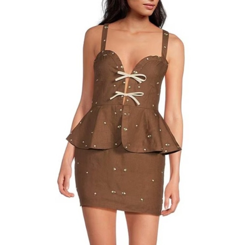Fanm Mon Helaina Floral Embroidered Brown Mini Dress Size S